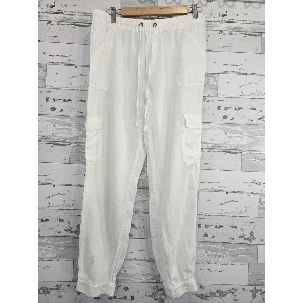 Nicole Miller Womens Large White 100% Linen Cargo Jogger Pants